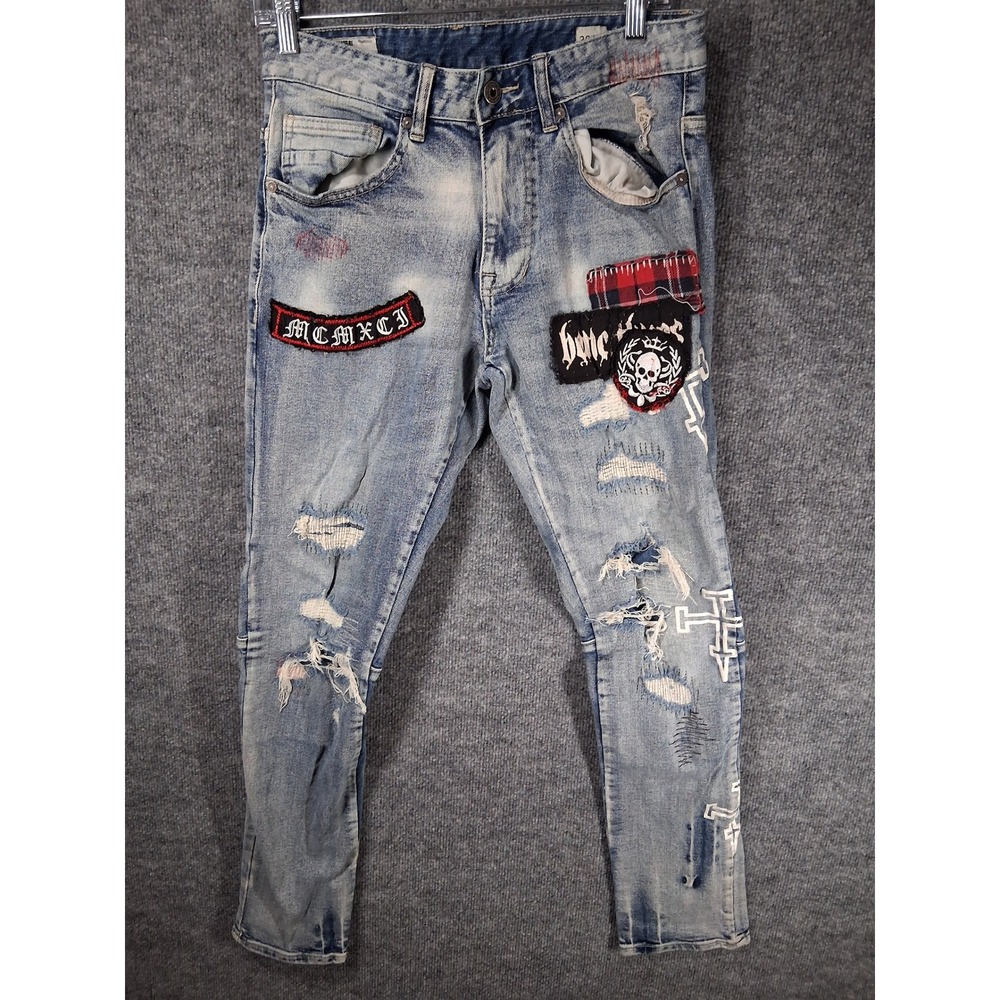 Smoke Rise Denim Co.‎ Distressed Patched Jeans Mens 30/32 Blue Ripped Studded